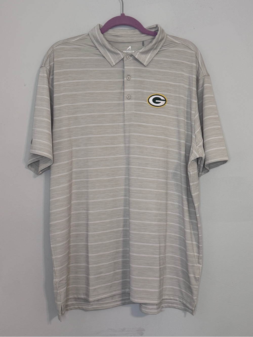 Antigua Light Gray Striped Polo with Green Bay Packer logo